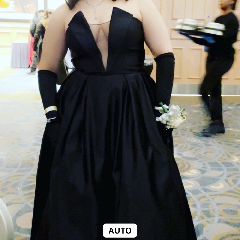 Betsy & Adam Black Prom Gown Plunge Neckline Sleeveless